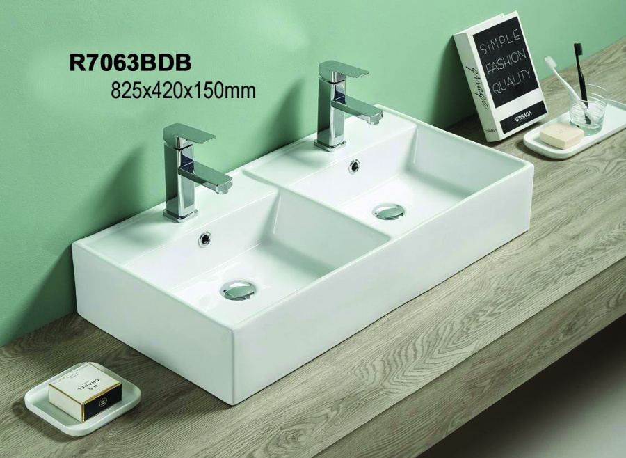 R7063BDB Раковина накладная на столешницу белая c двумя чашами (825*420*150) P